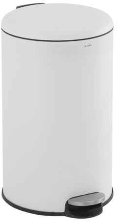CASABEL Cubo de basura de cocina redondo 50L, acero inoxidable, blanco | Apertura con pedal, Cierre suave, Acero antihuellas, Aro de sujeción de bolsa, Asa de transporte, Fácil mantenimiento