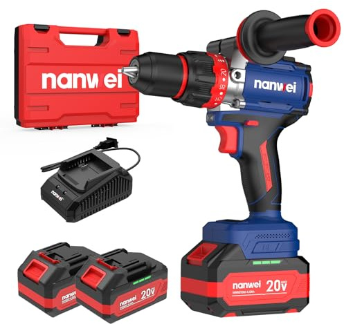 NANWEI Hammer Drill, 1100 in-lbs, 26000BPM, 1/2 Keyless Metal Chuck, 20+1+1 Clutch, 2x4.0Ah Batteries, 20V Brushless Cordless Heavy-duty Impact Drill Kit for Drilling concrete,Brick Wall, Metal, Wood