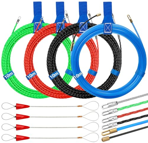 4 Piezas Guia Pasacables Trenzada 10m, 3mm Enhebrador de Alambre Electrico, Guia Pasacables Dispositivo con 8 Muelle de Guía, para Tubería Conducto Cable, Comunicación, Verde, Rojo, Negro, Azul