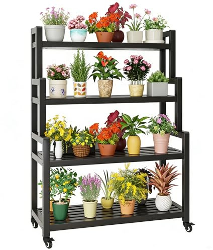 DMCHENGMA Scaffale espositivo per fioriera per interni ed esterni, portafiori a 4 livelli con ruote e freni Supporto per piante a forma di scaletta in ferro battuto in metallo nero(100x40x145cm)