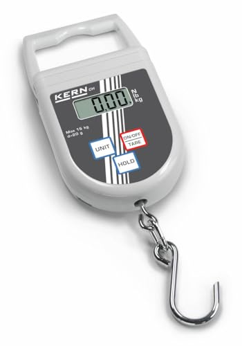 KERN Hängewaage CH 15K20 – Digitale Handwaage bis 15 kg, Ablesbarkeit 20 g, LCD-Display, Hold- & Peak-Hold-Funktion, Maßband & Edelstahlhaken, TÜV-geprüft, kompakte Kofferwaage