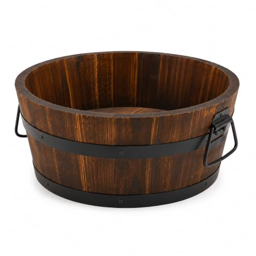 Muddy Hands Burnt Wood Half Whiskey Barrel Wooden Planter Round Plant Pot Outdoor Garden (Medium)