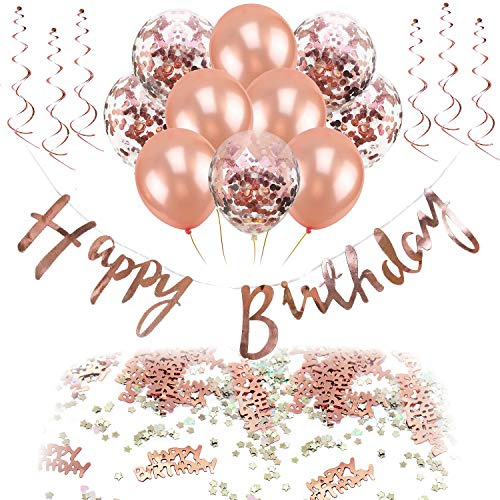 Oblique Unique® Happy Birthday Geburtstag Party Feier Deko Set - Happy Birthday Girlande + Konfetti Luftballon Set + 6 Wirbel Spiral Deckenhänger + 500 STK. Happy Birthday Konfetti in Roségold