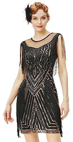 BABEYOND 1920s Kleid mit Troddel Stola Damen Gatsby Abendkleid Cocktail Party Damen 20er Jahre Kostüm Kleid (Schwarz Gold, L)