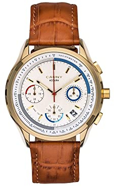 CAUNY - Montre analogique pour Homme - Accura Gold Chronograph - Chronographe avec Fonction Date - Bracelet en Cuir Camel - Cadran Bleu - 10 ATM - Cadran Blanc - Fabriquée en Acier 316L
