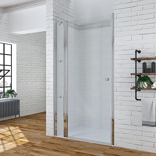 AQUABATOS® Duschtür in Nische 110 x 195 cm mit Festteil und Duschablage aus 6mm ESG Nanobeschichtung Glas, Nischentür Dusche mit Wandablage, Duschwand Glas Drehtür Pendeltür mit Glasregal Eckregal