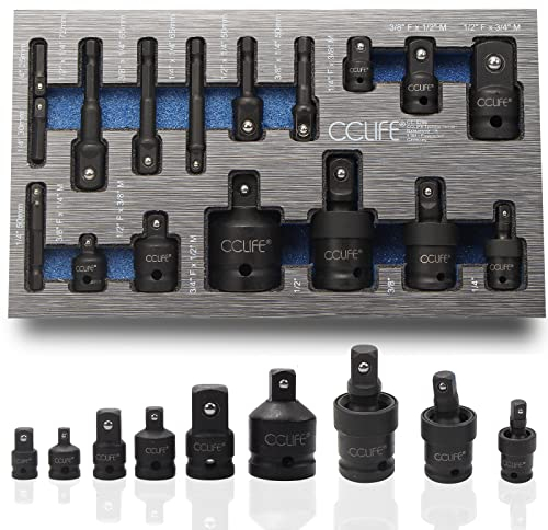 CCLIFE 17tlg Stecknuss Adapter für Schlagschrauber 1/4' 3/8' 1/2' 3/4' Bit Nuss & Kardangelenk | Cr-Mo