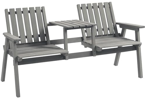 Outsunny Wooden Garden Loveseat, 2-Seater Garden Chair with Table & Parasol Hole, Outdoor Bench for Porch, Patio, Grey