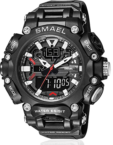 SMAEL Men's Watches Sports Outdoor Waterproof Military Watch Date Multifunction Tactics LED Face Alarm Stopwatch for Men SM-8053, Black, Digital
