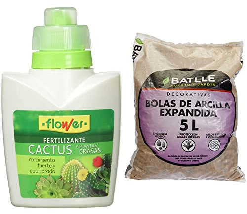 Flower 10722 - Abono líquido cactus y plantas crasas, 300 ml + Semillas Batlle Sustrato Bolas Arcilla Expandida 5l