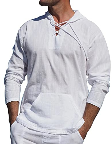Långärmad herrskjorta med huva, arbetshuvtröjor, vindtät andningsbar sweatshirt för utomhusträning, Vitt, L