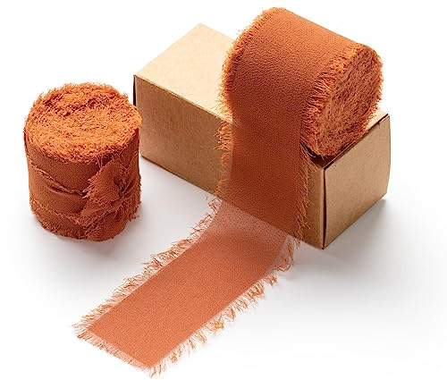 AOKSUNOVA Chiffonband 3,8cm Schleifenband Geschenkband Terracotta | 2 Rollen Breites Band mit Fransenstruktur als Stoffband für Hochzeit, Einladungen, Sträuße und Kreative Dekorationen