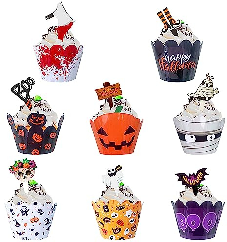Halloween Cupcake Deko, 48-teilig mit Toppern und Cupcake-Umrandungen | 24 Topper und 24 dekorative Umrandungen, jeweils 8 Designs; jede Umrandung misst vor der Montage ca. 22 × 6 cm.