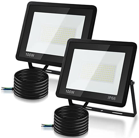 Lospitch Strahler, 2x100W LED Scheinwerfer Superhell 8500LM 6000K Kaltweiß, IP66 Wasserdicht Außenstrahler und Flutlicht für Garten, Auffahrt (kein Stecker)