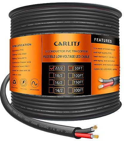 CARLITS 22 Gauge 2 Conductor 2x0.3mm² Electrical Wire, 50FT/15.24M Black Stranded Low Voltage 22/2 Cable PVC Case, Flexible Extension Power Cord for LED Lamp, Automotive, Boat, Electronic