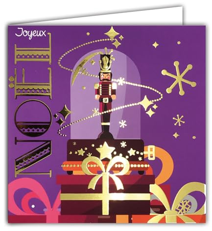 Carte Carrée Joyeux Noël en Or Doré Brillant avec Enveloppe Blanche 15x15cm - Casse-Noisette Roi Prince Ballet Féerique Cadeau Danseuse étoile Musique Tchaïkovski Fête Fin d'Année - Fabriqué en France