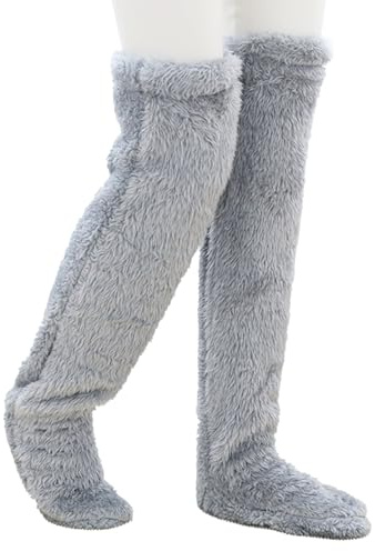 GWAWG Over Knee Sock Slippers,High Fuzzy Long fluffy Socks,Leg Warmers Winter Home Cover Knee Slipper Socks for Women (LIGHT GRAY)