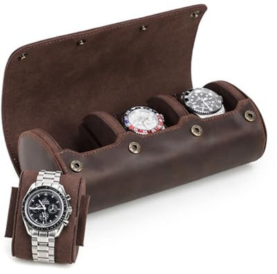 YUONNY Uhrenrolle Reiseetui für 3 Uhren, Vintage Echtleder Uhren Organizer Box mit 3 Fächern für Herren Damen, Tragbare Uhren Aufbewahrungsbox und Display, Abnehmbare Kissen Coffee