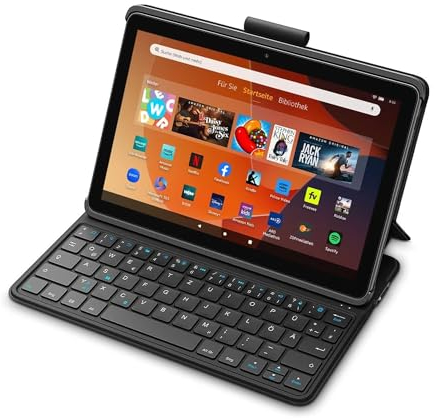 Amazon Fire HD 10 - Tablet, 64 GB, Schwarz (2023 Version) + „Made for Amazon“: Bluetooth-Tastaturhülle
