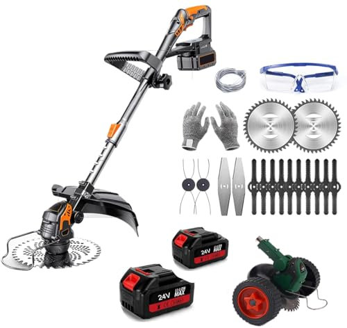 Desbrozadora Bateria con Ruedas,Desbrozadora Electrica con 2 Baterías 2*24v, 4 Cuchillas, Mango Ajustable, Tubo Telescópico, Cabezal Pivotante 90°, Cortabordes Electrica para Céspedes/Jardines
