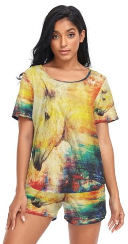 HMZXZ Damen Schlafanzug-Set Aquarell Pferd Kunst Sommer Pyjama Woman Set,Tier Loungewear und Shorts Lounge Set Sleepwear Nachtwäsche