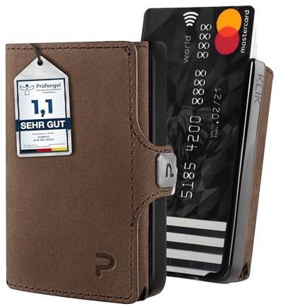 PURISTO KLIK Minimal Slim Wallet mit Münzfach - Mini Kartenetui und Geldbeutel für Herren aus veganem Leder - Kleines Portemonnaie mit RFID Schutz für 6-8 Karten - Braun Vintage