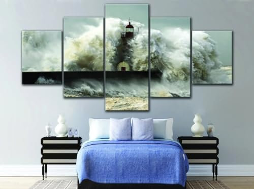 BENGOOD leinwandbilder wohnzimme 5 teilig Leuchtturm im schweren Sturm leinwand bilder wandbilder schlafzimmer wandbilder wohnzimmer modern Wanddekoration 100 * 55