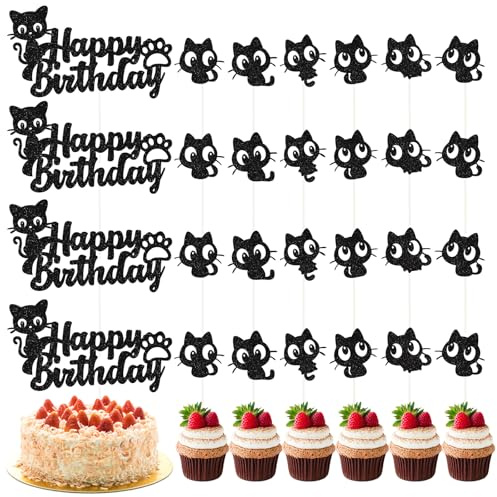Sprießen 28 Stück Kätzchen Cake Topper Schwarz,Katze Cupcake Topper,Black Sparkling Thema Kuchen Dekoration,Kuchen Dekorationen Zubehör,Für Katzenliebhaber Kätzchen Thema Babyparty Kinder Geburtstag