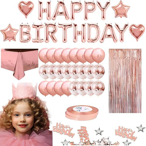 Decoración de Cumpleaños Oro Rosa, Cumpleaños para Fiesta con Banner, Oro rosa globo, Globo Decoración,Globos de Latex, Mantel Cortina Confeti Globos para Mujer Niña cumpleaños Fiesta