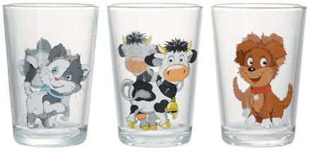 Ritzenhoff & Breker Kindergläser Hoftiere, 3er Set, 205 ml, Bedruckte Kinderbecher mit Tier-Motiven, Katze/Kuh/Hund, Spülmaschinengeeignet