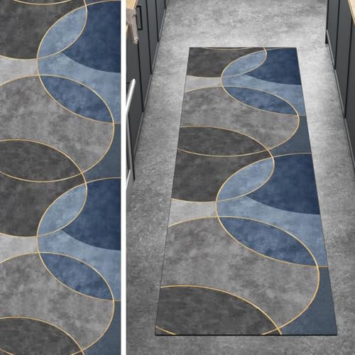 Ymural Modern Teppich Läufer Flur Küche rutschfest Grau Blau 80x250CM Teppichläufer Lang Läuferflur Meterware Kurzflor Polyester Korridor Schlafzimmer