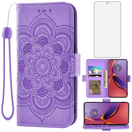 Asuwish Funda para Motorola Moto G84 5G con Cristal Templado Protector Pantalla Vidrio Pelicula Protectora Libro Cuero Piel Tarjetero Soporte G 84 84G XT2347-2 Tapa Carcasa Protección Capa Case Lila