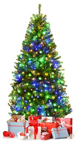 GYMAX 210 cm Künstlicher Weihnachtsbaum, Fichtenbaum mit blühenden Blättern, mehrfarbigen LED-Lichtern & 11 Beleuchtungsmodi, klappbarer Tannenbaum mit Metallständer