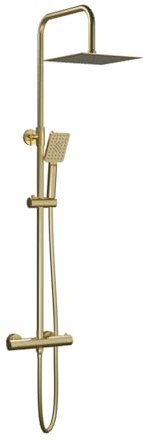 Sistema de Ducha Termostática Nite con Rociador Atlas 25x25 cm - Grifería Termostática con Bloqueo a 38°C - Altura Ajustable y Mango de 3 Funciones (Oro Cepillado)