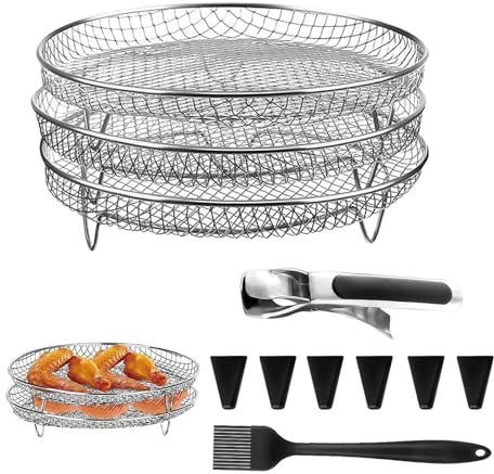 Airfryer Grill Rack | Körbe Heißluftfritteuse Edels-tahl | Airfryer Korb Rund Edels-tahl | 3 Schicht Stapelbar Luftfritteuse Korb | Air Fryer Zubehör Grillrost Mit Edelstahlclip Ölpinsel