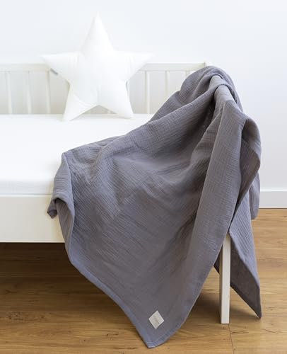 LOOLAY Couverture Mousseline 150x200cm - 100% Coton Européen - Légèrement Respirant - Enveloppante pour Enfants - Voyage et Drap de Plage (Gris)