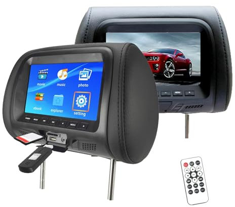 Lettori Video per Poggiatesta (7 Pollici), Doppio Lettore Dvd Portatile, Schermo Touch Digitale LCD HD, Mirror Link + Telecomando, Distanza Asta Regolabile/Facile da Installare,2pcs