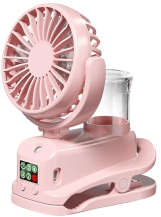 Mini Ventilator Mit Wasserkühlung, Tischventilator Mit Clips, LED-Display 360° Gedreht Werden 4 Drehzahlregelung, Sprühventilator USB Ventilator Leise Mit Sprühnebel Für Kinderwagen Büro (Rosa)