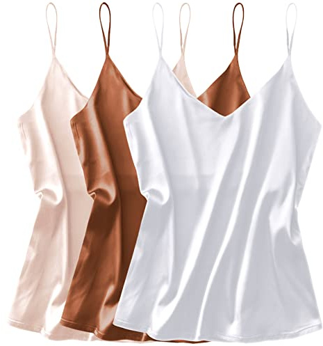Ekouaer 3-pack dam satin undertröjor linne siden Cami Camisole spagettiremmar basic topp ärmlös blustopp S–XXL, Vit champagne brun Gp3, M