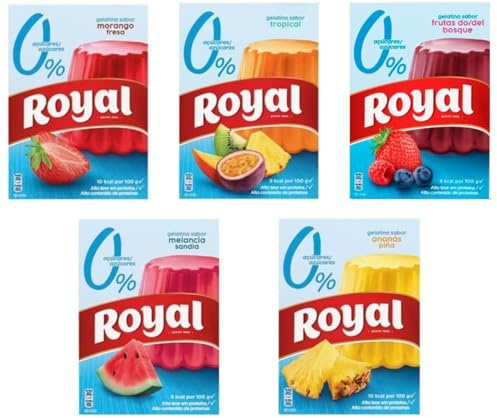 Royal Mix - Gélatine en poudre avec un mélange de saveurs | Fraise | Tropical | Fruits des bois | Pastèque | Ananas - 0% sucres ajoutés | 5 sachets de 31g.