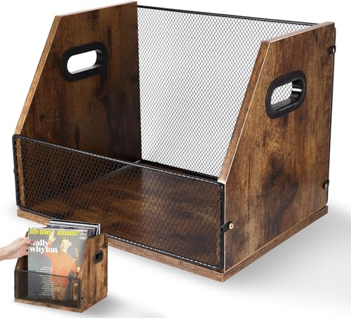 Bryzal Vinyl Record Storage Holder Wood Holds up to 60 Records with Handle | Vinyl Record Storage Crate Album Storages Desktop Organizer Box for Vinyls Records Books Files