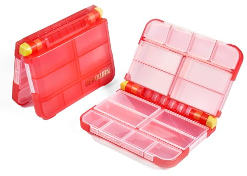 Geinxurn 2 Stück Rot Sortimentskoffer Transparenter Tragbarer Sortierbox Doppelseitige Kunststoff Aufbewahrung Sortimentskiste für Werkzeuge Schrauben und Kleinteile Organizer, 16 Fächer Sortierkasten