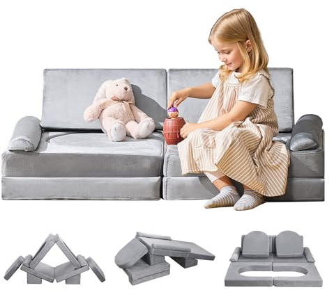 VEVOR Canapé de Jeu Modulaire pour Enfants Composant 10PCs, Canapé Sectionnel Convertible, avec Accoudoirs, en Éponge 28D et Poils Courts, Sofa Tout-Petits pour Chambre d’Enfants Salle de Jeux, Gris