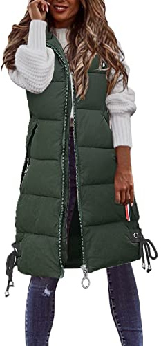 Chaleco Acolchado Mujer Invierno Chalecos de Plumas Chaquetas Largo sin Mangas Chaleco con Bolsillos Abrigos con Capucha