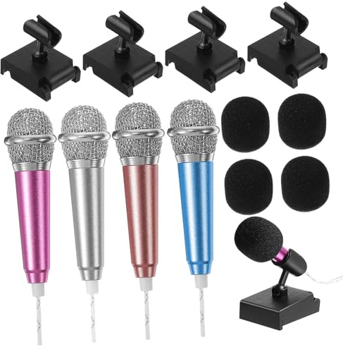 HEATSHAKING 4 Sets Mini Microphones with Covers and Desktop Stands Portable Tiny Mic Kit for Singing Recording Broadcasting Compatible with Phones and Laptops Multi-color Mic