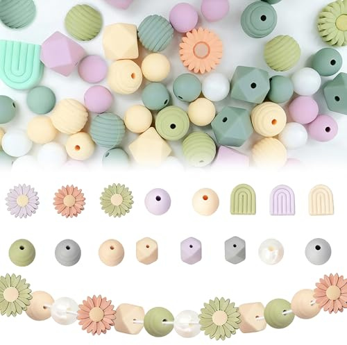 Foonary 76 Stück Bunte Silikonperlen – Gänseblümchen-Form & Polygon, Perlen Zum Auffädeln Mit Löchern, Für Armband Set Selber Machen, Schlüsselanhänger Basteln & DIY Schmuckprojekte