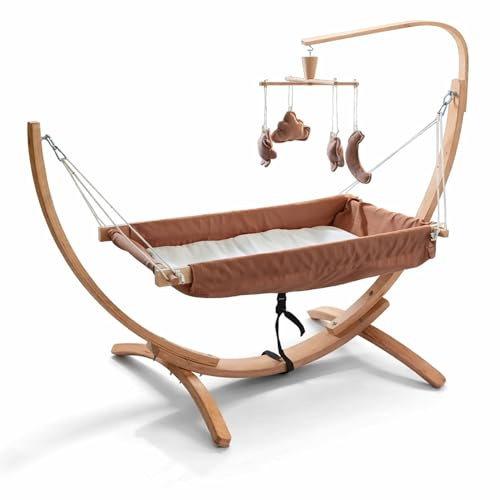 Kinder-Hängematte mit Holzgestell – Ergonomische 66×150 cm Hängeliege für 3–5 Jahre I Weicher Atmungsaktiver Stoff & Sanftes Schaukelgefühl I Tragbar & Vielseitig Nutzbar – Beige