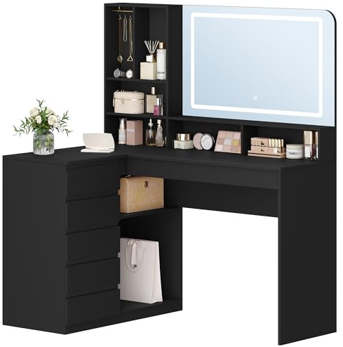 Hzuaneri Schminktisch mit Große Spiegel,Schminktisch mit LED-Beleuchtung, L-Förmiger Eck- mit 5 Schubladen und 7 Offenen Fächern, Kettenhaken, Schlafzimmer, Ankleidezimmer, Modern, Schwarz DT42506XEU