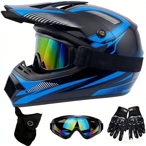 DriveNova Casco Integrale MTB per Bambini, Casco Integrale MTB Downhill e Motocross per Bambini con Guanti, Maschera e Occhiali, Caschi da Moto per Ragazzi con Fodere Del Casco (Blu, L-XL)