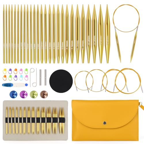 Aeelike Rundsticknålsset med etui och tillbehör, 13 par utbytbara runda sticknålar (3–10 mm), kablar (40/60/80/100 cm), metall runda sticknålar för nybörjare, gul